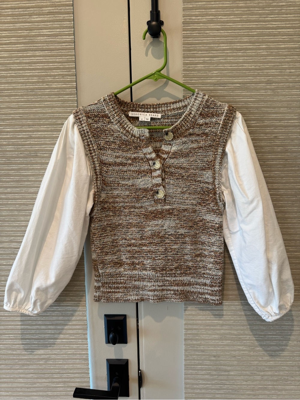 Veronica Beard Brown Knit Vest Top with White Puff Sleeves